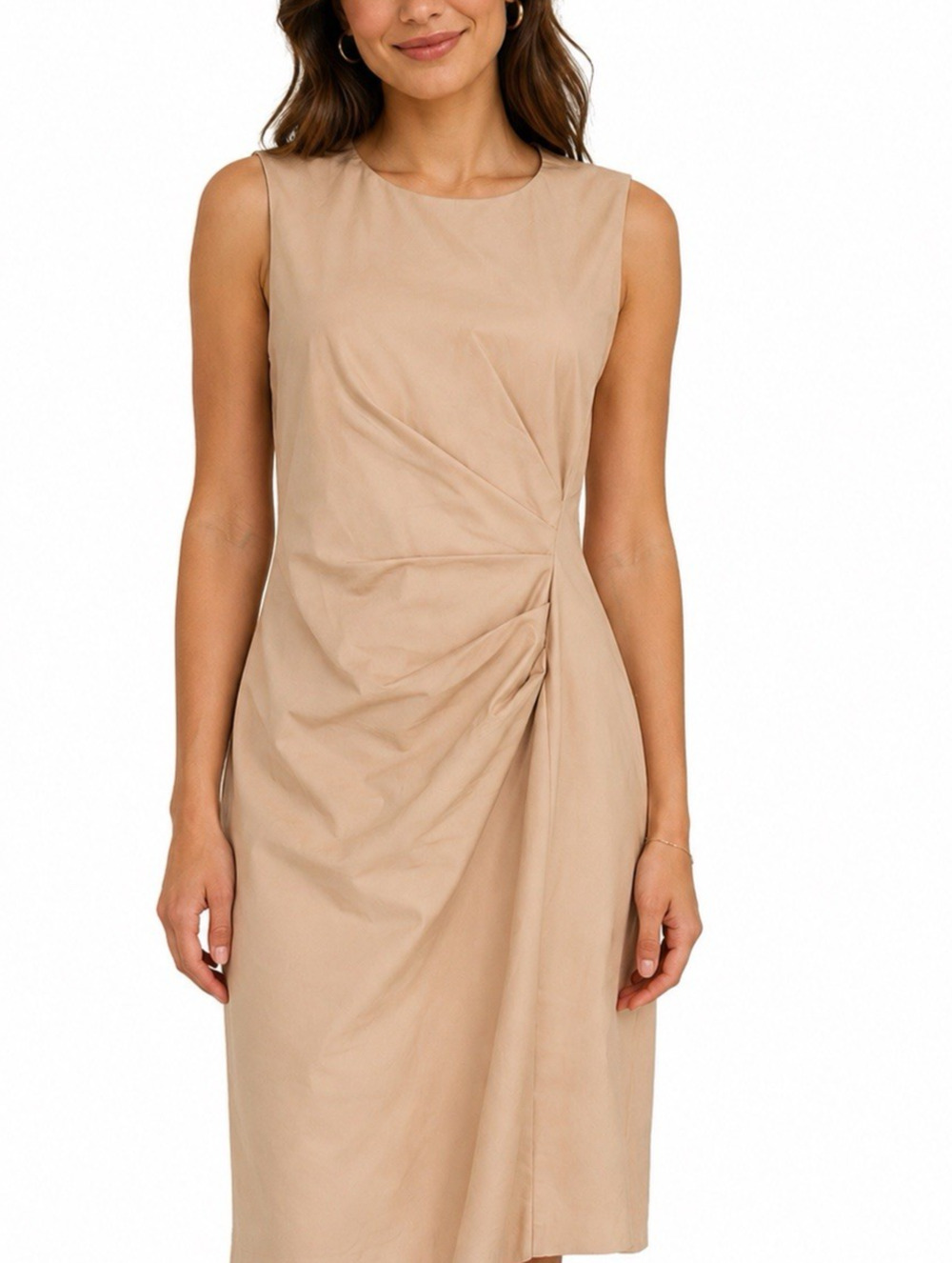 Jil Sander Sheath Dress Ruched Sleeveless Round Neck Lined Beige Nude Tan 44 8 M